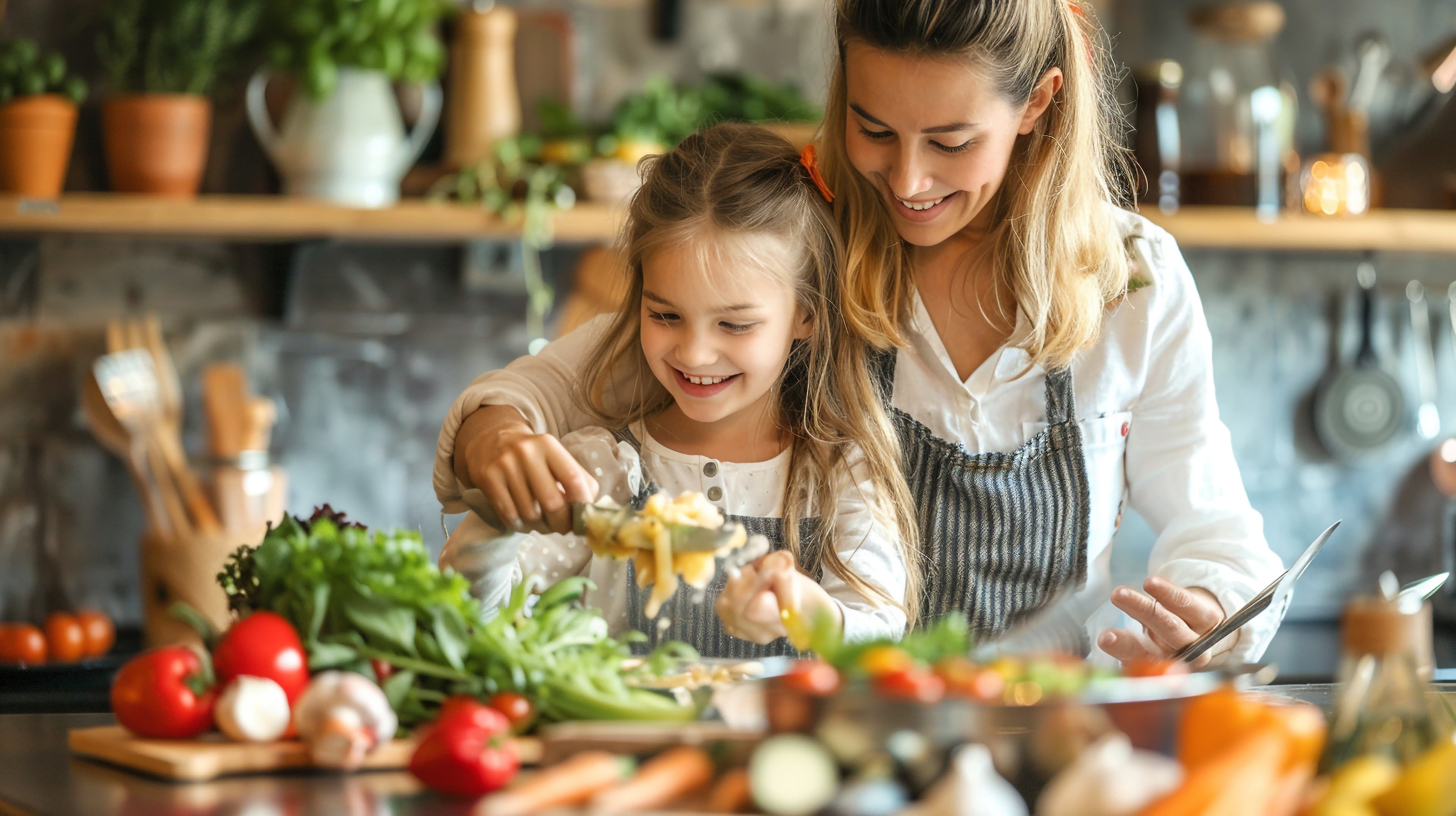 A parent and child cooking together at a kitchen bench full of fresh vegetables